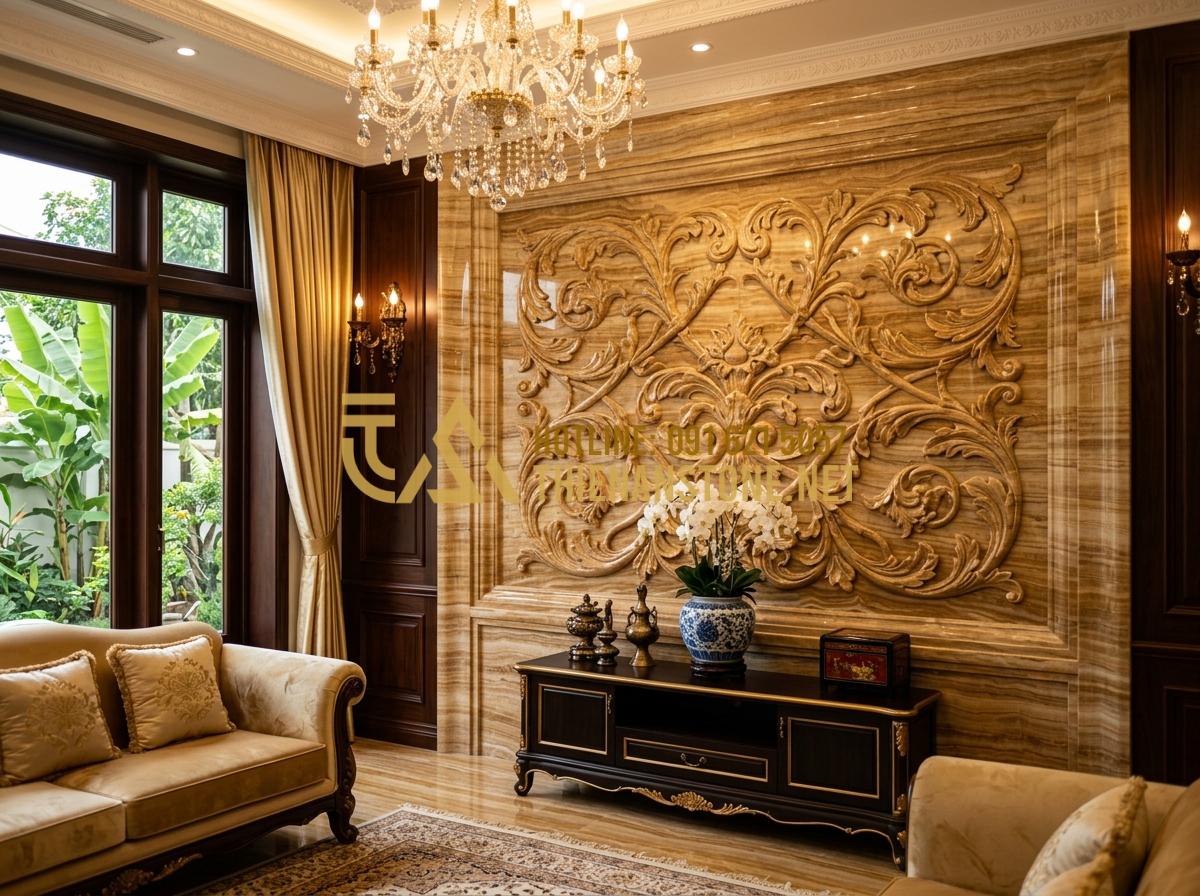 So sánh phù điêu đá xanh, đá trắng và đá sa thạch: Nên chọn loại nào? - Tạo ảnh tiếng Anh: A luxury villa interior featuring a large white marble bas-re