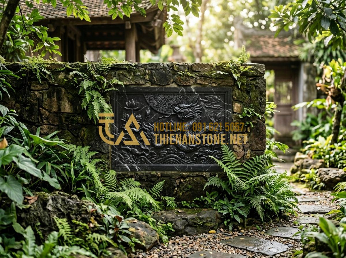 So sánh phù điêu đá xanh, đá trắng và đá sa thạch: Nên chọn loại nào? - Tạo ảnh tiếng Anh: A rustic garden wall with a sandstone bas-relief panel featur