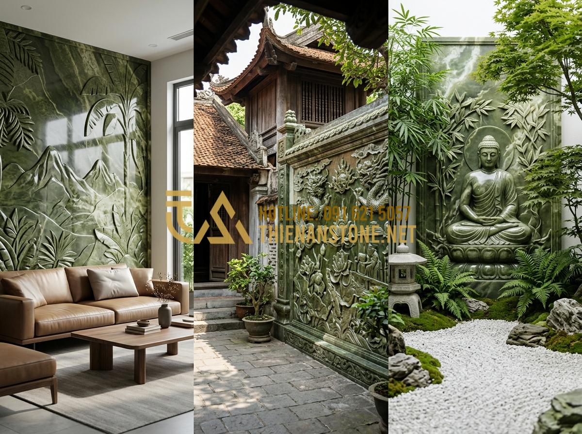 So sánh phù điêu đá xanh, đá trắng và đá sa thạch: Nên chọn loại nào? - Tạo ảnh tiếng Anh: A collage showing three different home environments: a modern