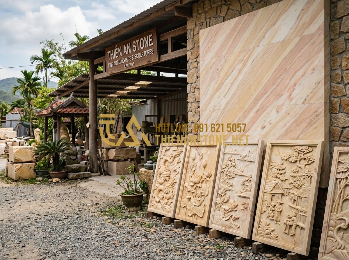 So sánh phù điêu đá xanh, đá trắng và đá sa thạch: Nên chọn loại nào? - Tạo ảnh tiếng Anh: The exterior of Thien An Stone workshop, showing several larg