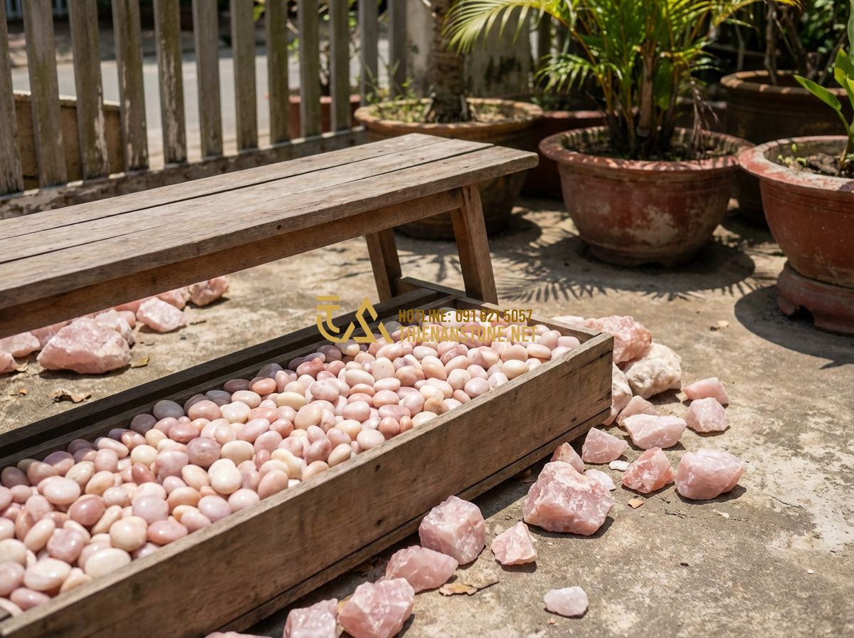 Sỏi Hồng Quay Dịu Dàng & Tươi Mới: Ứng Dụng Hot Trong Thiết Kế Nội Thất - Hình 6 Sỏi Hồng Quay Dịu Dàng & Tươi Mới: Ứng Dụng Hot Trong Thiết Kế Nội Thất - Tạo ảnh tiếng Anh: An outdoor patio area highlighting the contrast between sharp