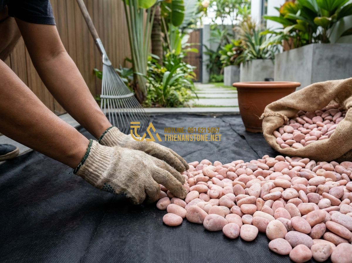 Sỏi Hồng Quay Dịu Dàng & Tươi Mới: Ứng Dụng Hot Trong Thiết Kế Nội Thất - Hình 7 Sỏi Hồng Quay Dịu Dàng & Tươi Mới: Ứng Dụng Hot Trong Thiết Kế Nội Thất - Tạo ảnh tiếng Anh: A person's hands wearing gardening gloves, carefully spreadin