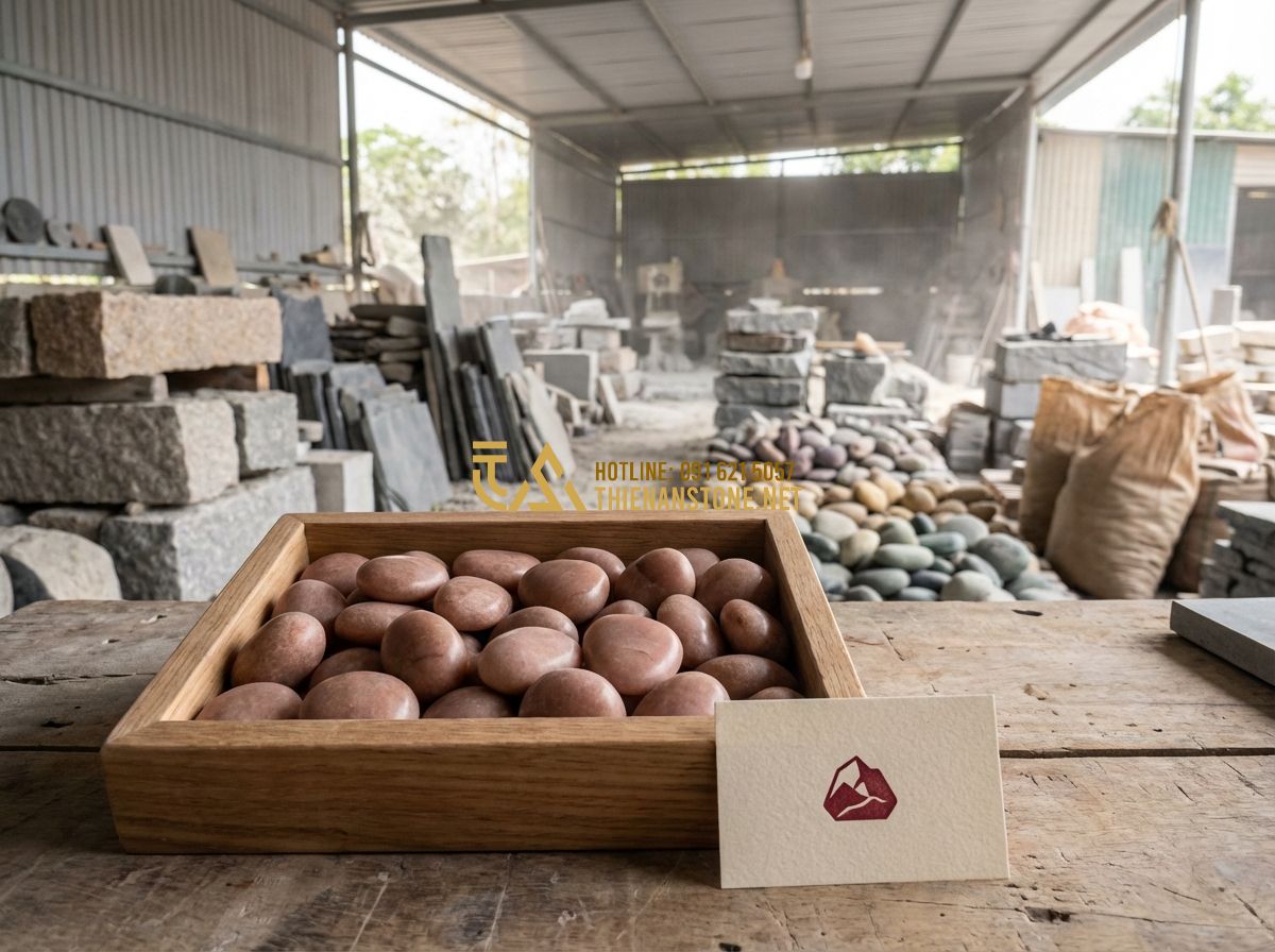 Sỏi Hồng Quay Dịu Dàng & Tươi Mới: Ứng Dụng Hot Trong Thiết Kế Nội Thất - Hình 8 Sỏi Hồng Quay Dịu Dàng & Tươi Mới: Ứng Dụng Hot Trong Thiết Kế Nội Thất - Tạo ảnh tiếng Anh: A professional stone masonry workshop background with organiz