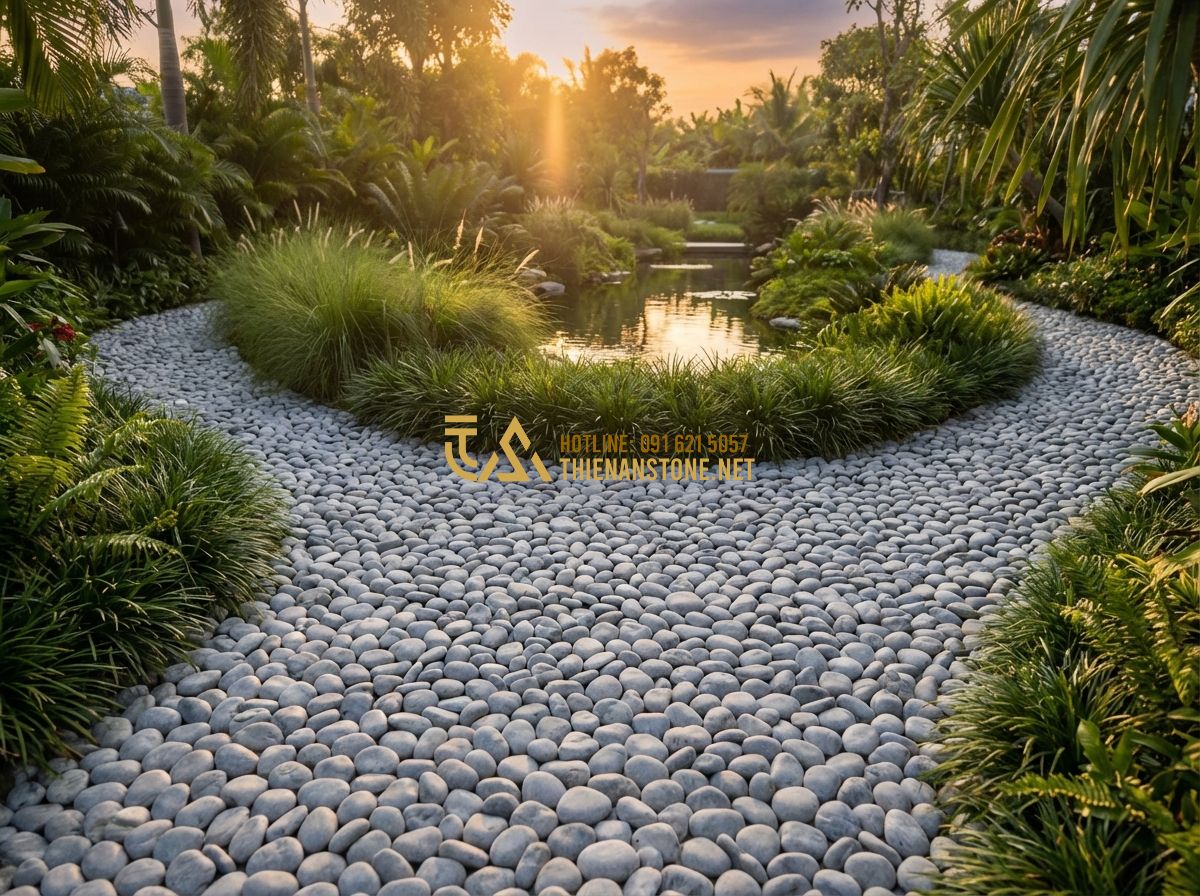 Sỏi Quay Là Gì? Phân Biệt Sỏi Quay Tự Nhiên Và Nhân Tạo Chi Tiết Nhất - Hình 13 Sỏi Quay Là Gì? Phân Biệt Sỏi Quay Tự Nhiên Và Nhân Tạo Chi Tiết Nhất - Tạo ảnh tiếng Anh: A wide panoramic shot of a completed luxury garden project by