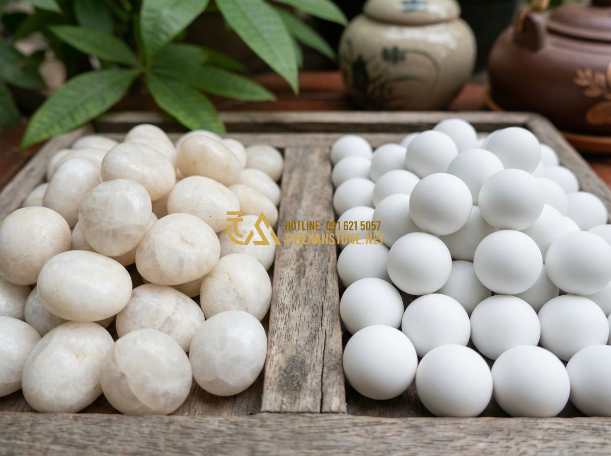 Sỏi Quay Là Gì? Phân Biệt Sỏi Quay Tự Nhiên Và Nhân Tạo Chi Tiết Nhất - Hình 3 Sỏi Quay Là Gì? Phân Biệt Sỏi Quay Tự Nhiên Và Nhân Tạo Chi Tiết Nhất - Tạo ảnh tiếng Anh: A side-by-side comparison shot of natural stone tumbled grave