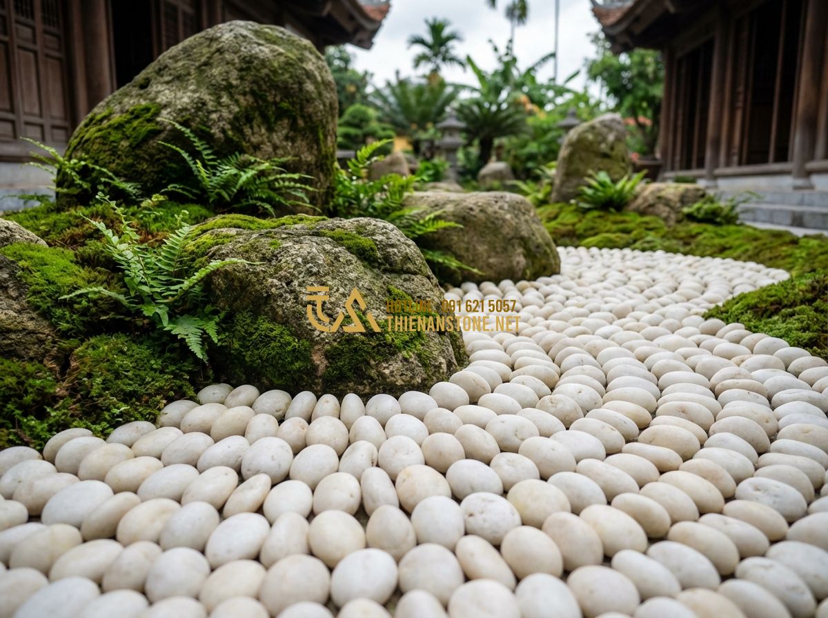 Sỏi Quay Là Gì? Phân Biệt Sỏi Quay Tự Nhiên Và Nhân Tạo Chi Tiết Nhất - Hình 5 Sỏi Quay Là Gì? Phân Biệt Sỏi Quay Tự Nhiên Và Nhân Tạo Chi Tiết Nhất - Tạo ảnh tiếng Anh: A beautiful Japanese Zen garden landscape featuring white tum