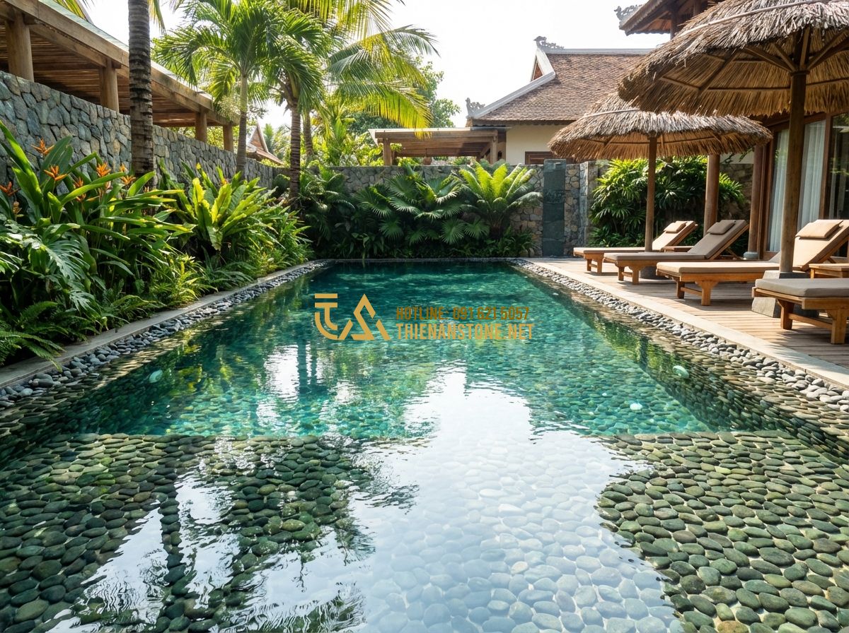 Sỏi Quay Là Gì? Phân Biệt Sỏi Quay Tự Nhiên Và Nhân Tạo Chi Tiết Nhất - Hình 6 Sỏi Quay Là Gì? Phân Biệt Sỏi Quay Tự Nhiên Và Nhân Tạo Chi Tiết Nhất - Tạo ảnh tiếng Anh: A modern luxury swimming pool area with a floor made of embed