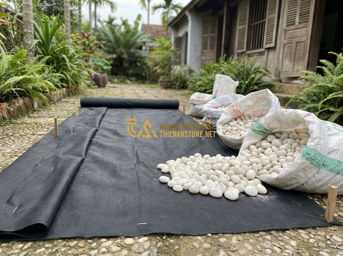 Sỏi Quay Là Gì? Phân Biệt Sỏi Quay Tự Nhiên Và Nhân Tạo Chi Tiết Nhất - Hình 9 Sỏi Quay Là Gì? Phân Biệt Sỏi Quay Tự Nhiên Và Nhân Tạo Chi Tiết Nhất - Tạo ảnh tiếng Anh: A professional construction worker laying a landscaping fabri