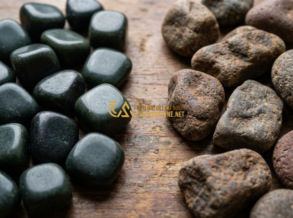 Sỏi Quay Nhân Tạo Và Tự Nhiên: Nên Chọn Loại Nào Để Tối Ưu Chi Phí & Thẩm Mỹ? - Tạo ảnh tiếng Anh: A high-quality close-up comparison between artificially tumbl