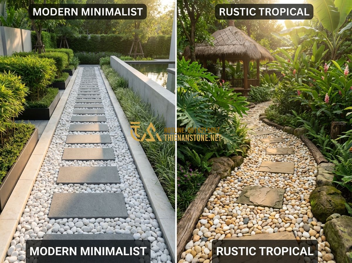 Sỏi Quay Nhân Tạo Và Tự Nhiên: Nên Chọn Loại Nào Để Tối Ưu Chi Phí & Thẩm Mỹ? - Tạo ảnh tiếng Anh: A side-by-side comparison of two garden paths: one using unif