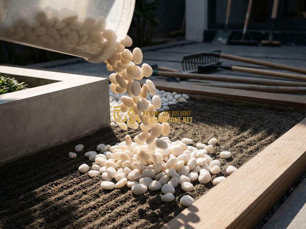 Sỏi Quay Nhân Tạo Và Tự Nhiên: Nên Chọn Loại Nào Để Tối Ưu Chi Phí & Thẩm Mỹ? - Tạo ảnh tiếng Anh: Close-up of white tumbled pebbles being poured into a modern