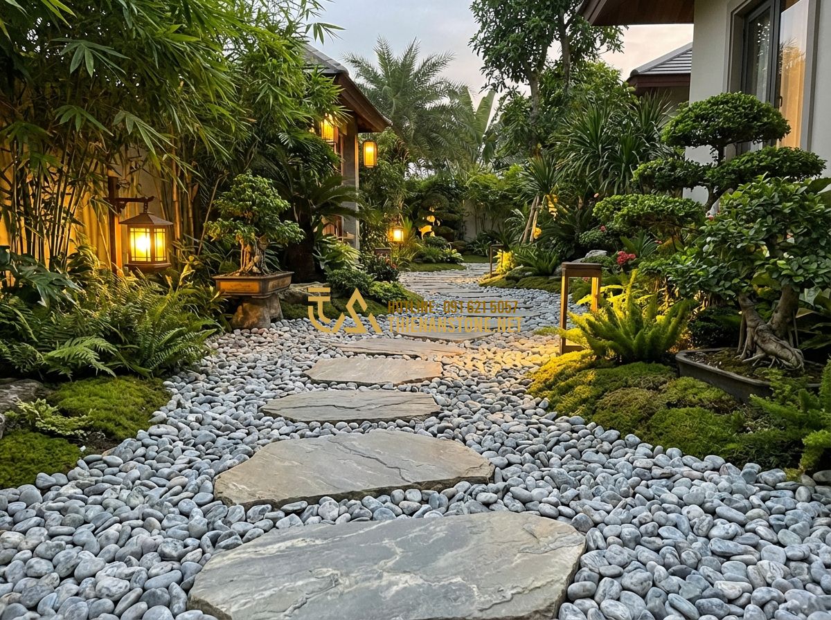 Sỏi Quay Nhân Tạo Và Tự Nhiên: Nên Chọn Loại Nào Để Tối Ưu Chi Phí & Thẩm Mỹ? - Tạo ảnh tiếng Anh: A luxury villa courtyard featuring a Zen-style garden with a