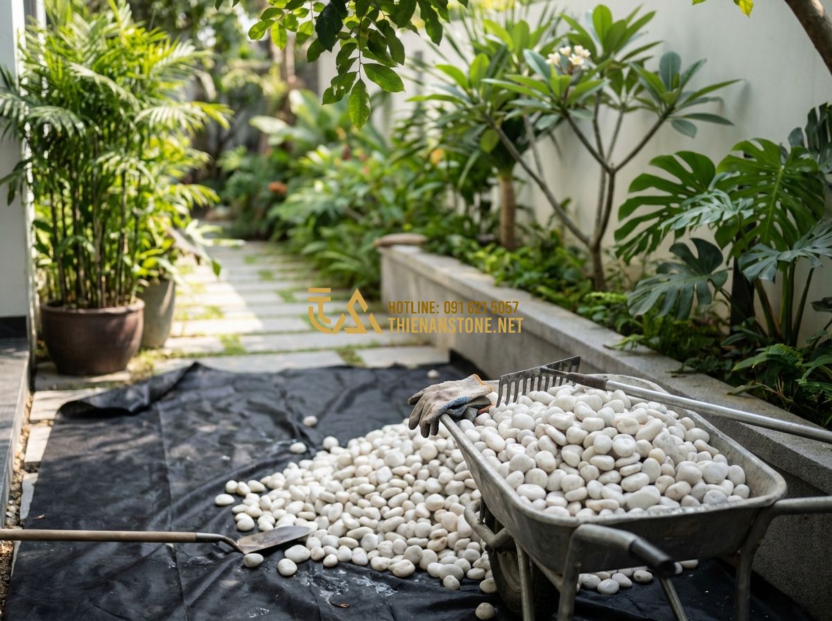 Sỏi Quay Nhân Tạo Và Tự Nhiên: Nên Chọn Loại Nào Để Tối Ưu Chi Phí & Thẩm Mỹ? - Tạo ảnh tiếng Anh: A worker carefully spreading white tumbled stones over a blac