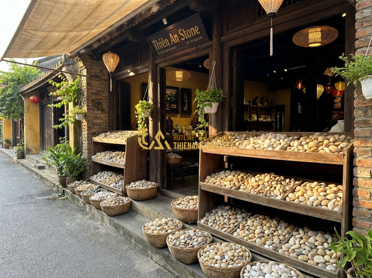Sỏi Quay Nhân Tạo Và Tự Nhiên: Nên Chọn Loại Nào Để Tối Ưu Chi Phí & Thẩm Mỹ? - Tạo ảnh tiếng Anh: A welcoming storefront of Thien An Stone with various display