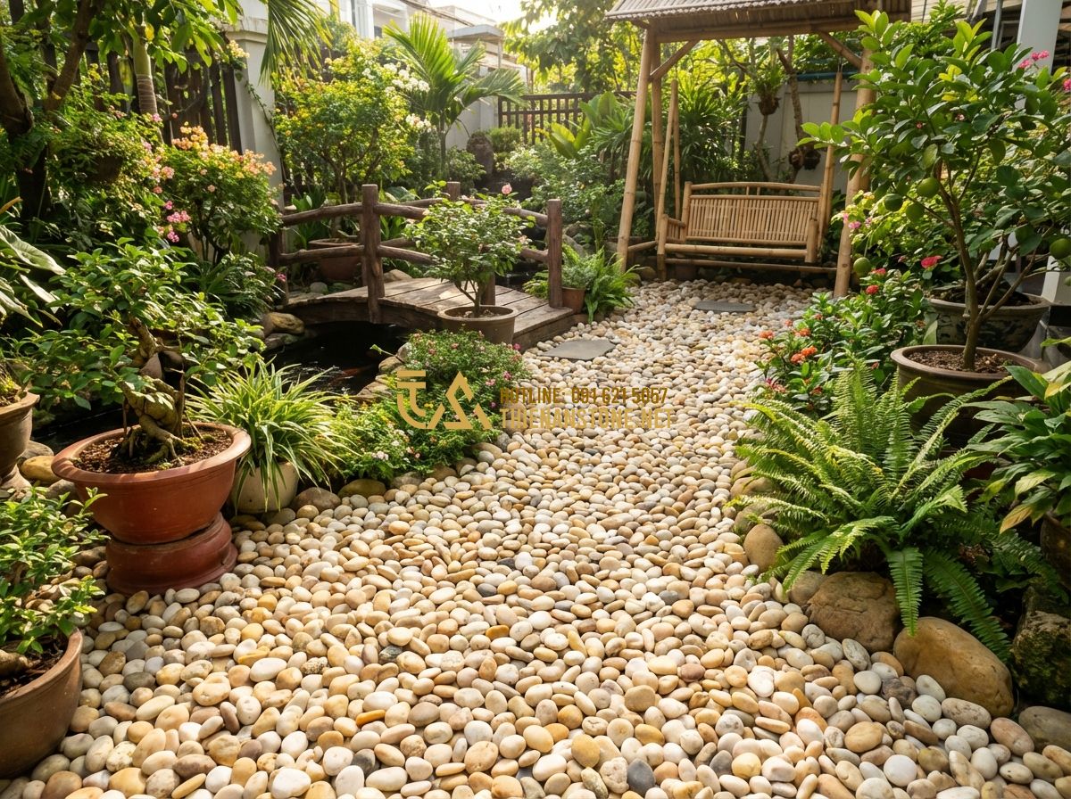 Sỏi Quay Nhân Tạo Và Tự Nhiên: Nên Chọn Loại Nào Để Tối Ưu Chi Phí & Thẩm Mỹ? - Tạo ảnh tiếng Anh: A happy family playing in a beautiful backyard garden with a