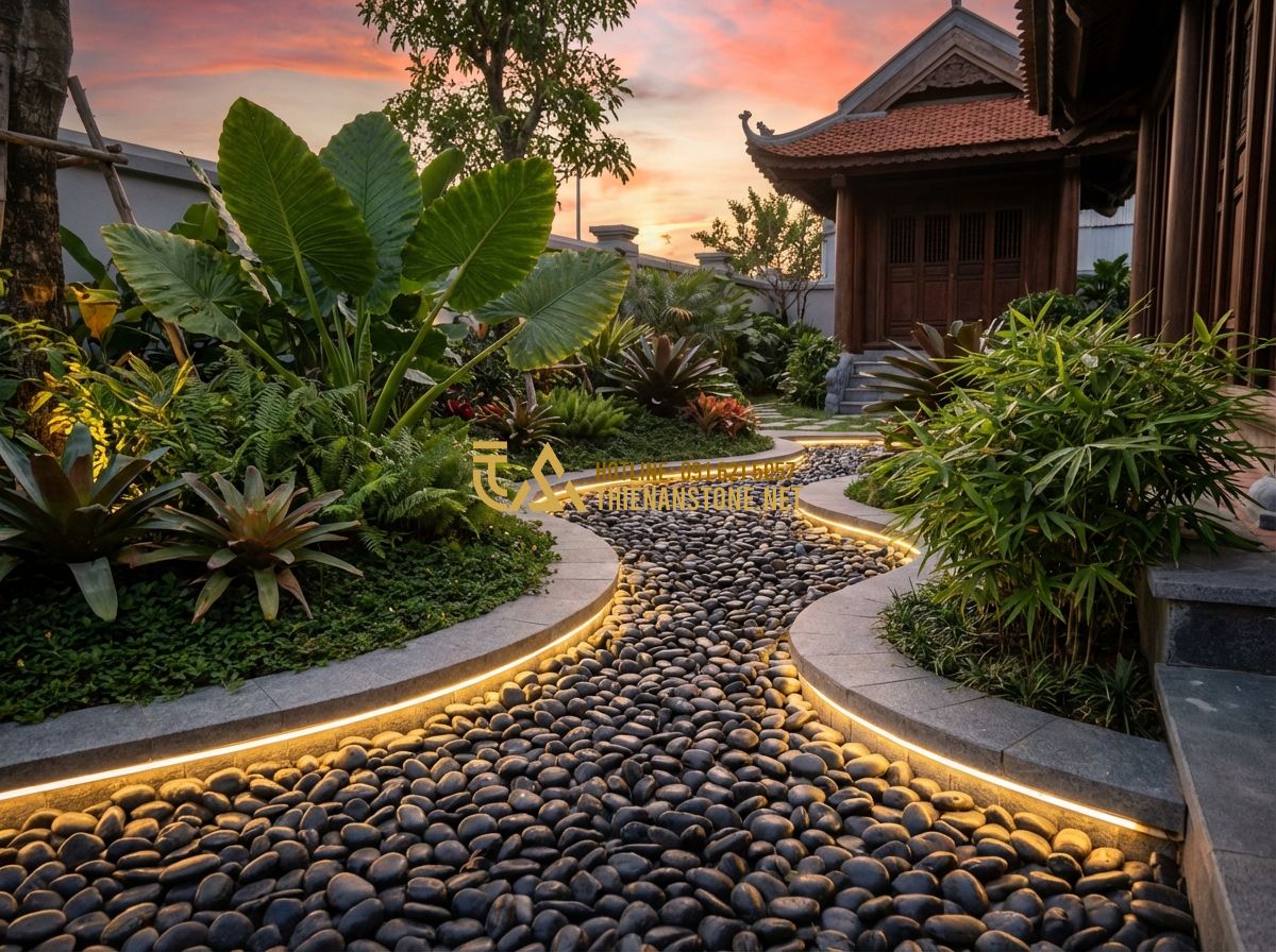 Sỏi Quay Tự Nhiên Các Màu Đẹp Nhất: Hướng Dẫn Chọn Loại Phù Hợp Nhất 2024 - Hình 10 Sỏi Quay Tự Nhiên Các Màu Đẹp Nhất: Hướng Dẫn Chọn Loại Phù Hợp Nhất 2024 - Tạo ảnh tiếng Anh: A wide artistic shot of a modern garden at sunset, featuring