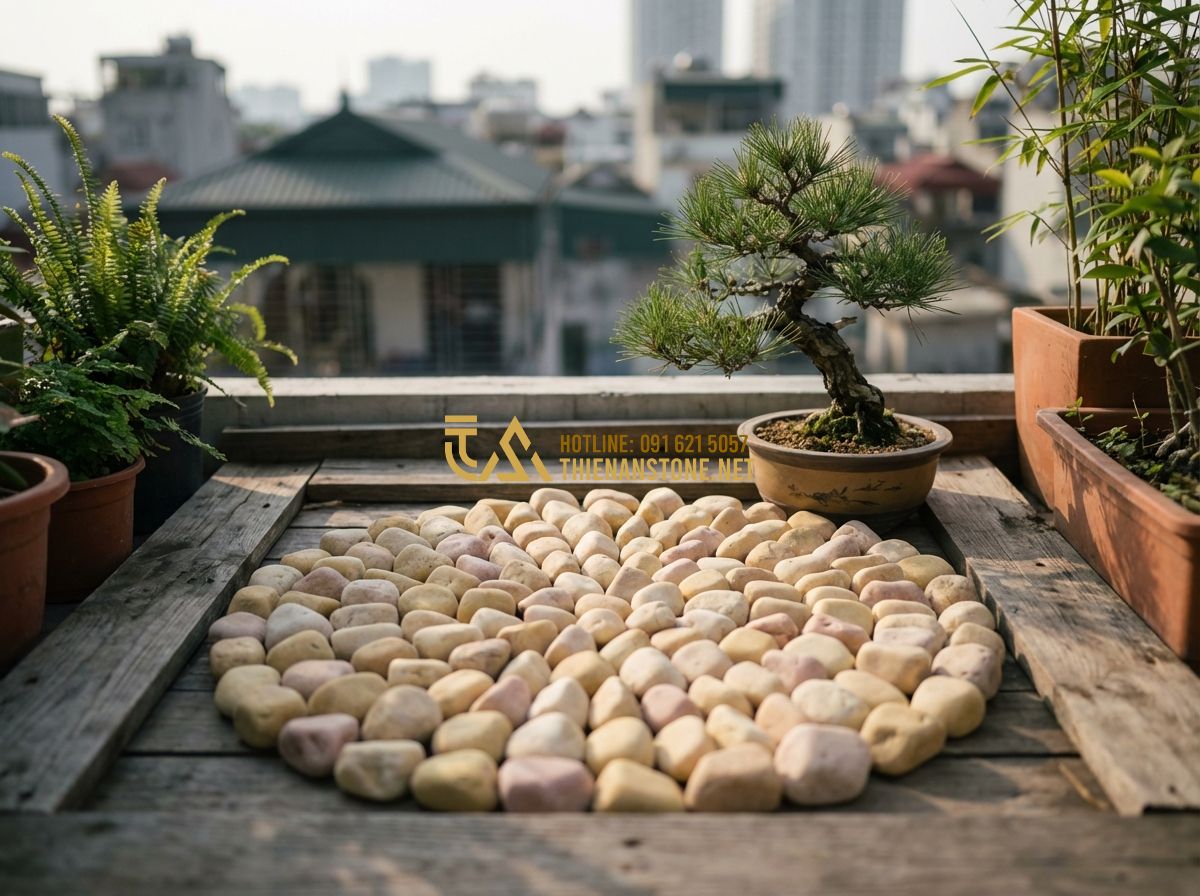 Sỏi Quay Tự Nhiên Các Màu Đẹp Nhất: Hướng Dẫn Chọn Loại Phù Hợp Nhất 2024 - Hình 2 Sỏi Quay Tự Nhiên Các Màu Đẹp Nhất: Hướng Dẫn Chọn Loại Phù Hợp Nhất 2024 - Tạo ảnh tiếng Anh: A serene rooftop garden in a city, featuring a small Zen-styl