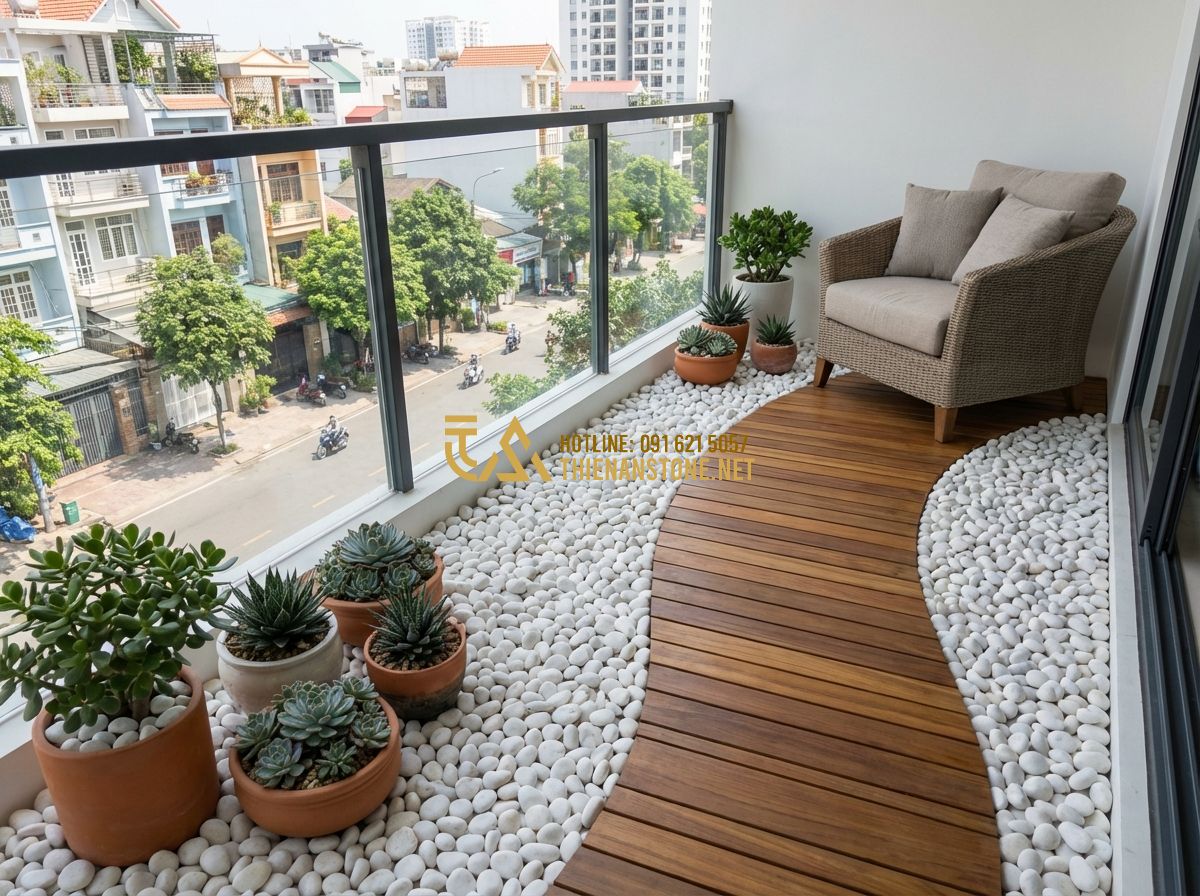 Sỏi Quay Tự Nhiên Các Màu Đẹp Nhất: Hướng Dẫn Chọn Loại Phù Hợp Nhất 2024 - Hình 6 Sỏi Quay Tự Nhiên Các Màu Đẹp Nhất: Hướng Dẫn Chọn Loại Phù Hợp Nhất 2024 - Tạo ảnh tiếng Anh: A modern apartment balcony decorated with white tumbled stone