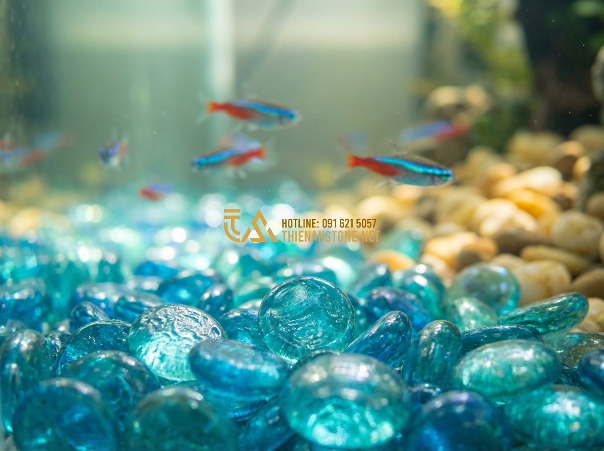 Sỏi Thủy Tinh Màu Trang Trí Bể Cá Có Nên Dùng? Ưu Nhược Điểm - Tạo ảnh tiếng Anh: A high-end aquarium setup featuring vibrant blue and turquois