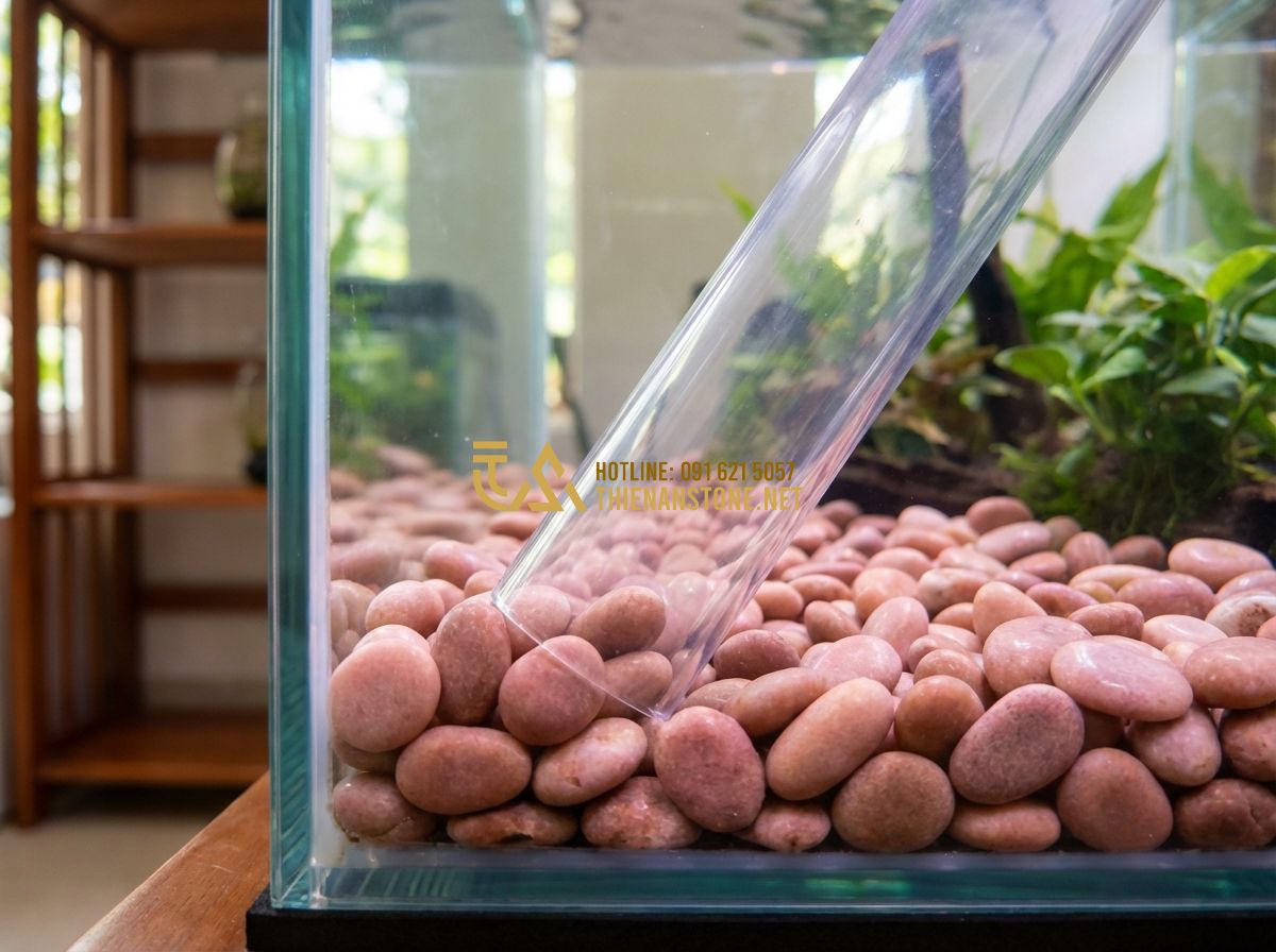 Sỏi Thủy Tinh Màu Trang Trí Bể Cá Có Nên Dùng? Ưu Nhược Điểm - Tạo ảnh tiếng Anh: A close-up side view of an aquarium showing a clean layer of