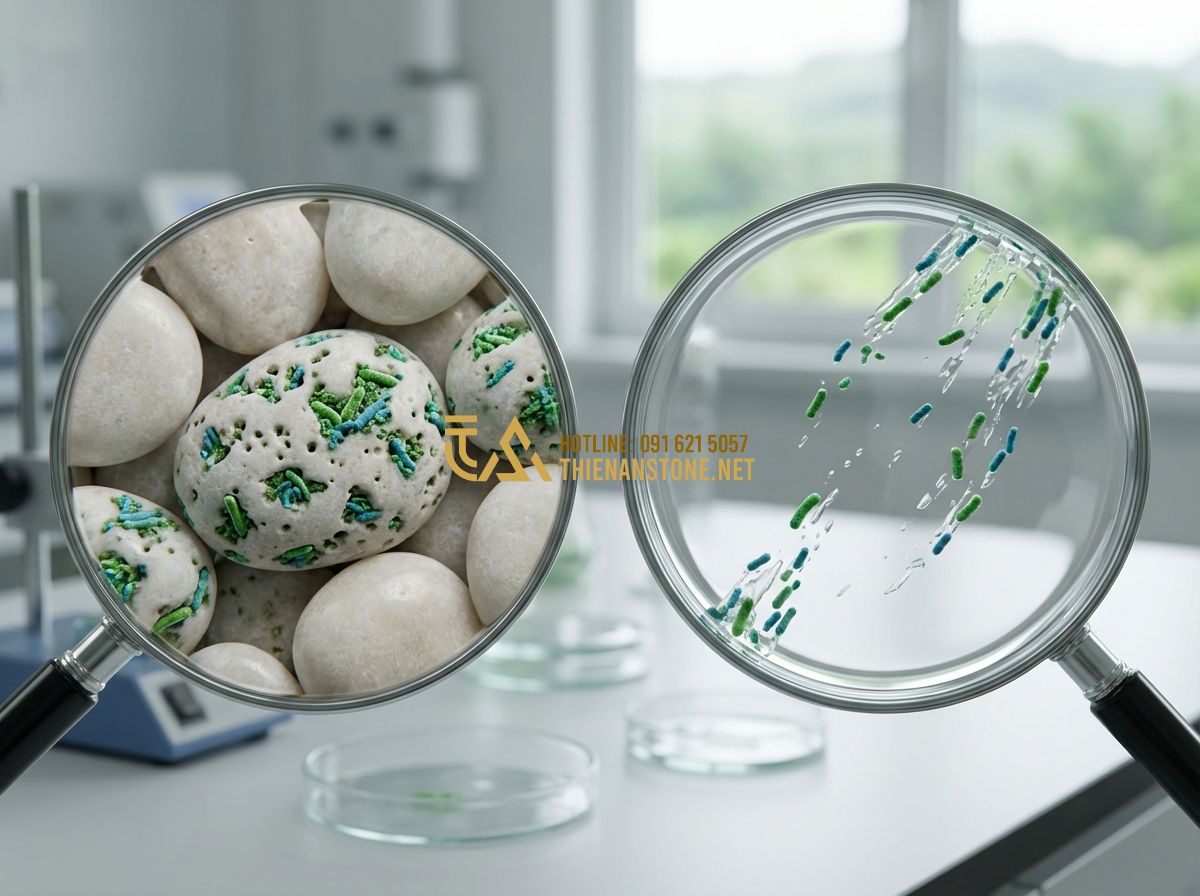 Sỏi Thủy Tinh Màu Trang Trí Bể Cá Có Nên Dùng? Ưu Nhược Điểm - Tạo ảnh tiếng Anh: A conceptual illustration comparing a porous natural stone an