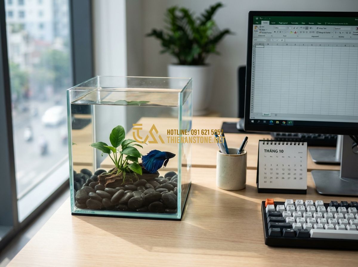Sỏi Thủy Tinh Màu Trang Trí Bể Cá Có Nên Dùng? Ưu Nhược Điểm - Tạo ảnh tiếng Anh: A stylish mini Betta fish tank on a modern office desk, fille