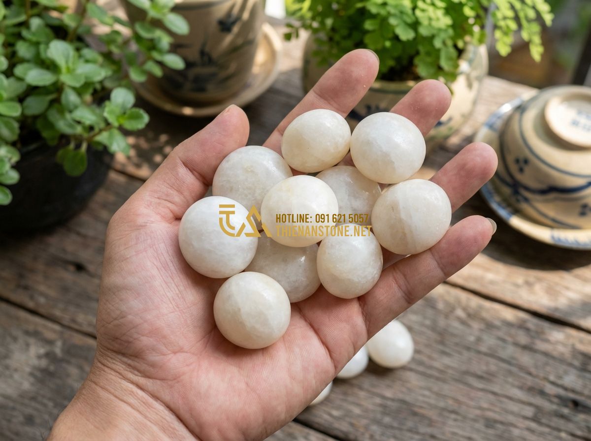 Sỏi Thủy Tinh Màu Trang Trí Bể Cá Có Nên Dùng? Ưu Nhược Điểm - Tạo ảnh tiếng Anh: A hand holding a handful of smooth, rounded multi-colored gla