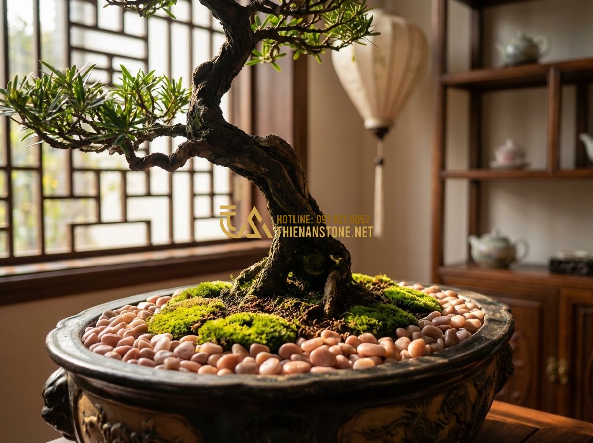 Sỏi Trang Trí Chậu Cây Cảnh Và Gốc Cây: Bí Quyết Làm Đẹp Chuyên Nghiệp - Hình 1 Sỏi Trang Trí Chậu Cây Cảnh Và Gốc Cây: Bí Quyết Làm Đẹp Chuyên Nghiệp - Tạo ảnh tiếng Anh: Professional close-up shot of a luxury indoor bonsai tree in