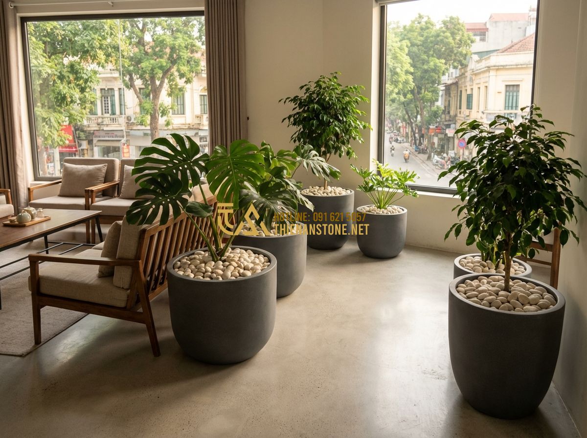 Sỏi Trang Trí Chậu Cây Cảnh Và Gốc Cây: Bí Quyết Làm Đẹp Chuyên Nghiệp - Hình 2 Sỏi Trang Trí Chậu Cây Cảnh Và Gốc Cây: Bí Quyết Làm Đẹp Chuyên Nghiệp - Tạo ảnh tiếng Anh: A wide shot of a modern living room featuring several large p