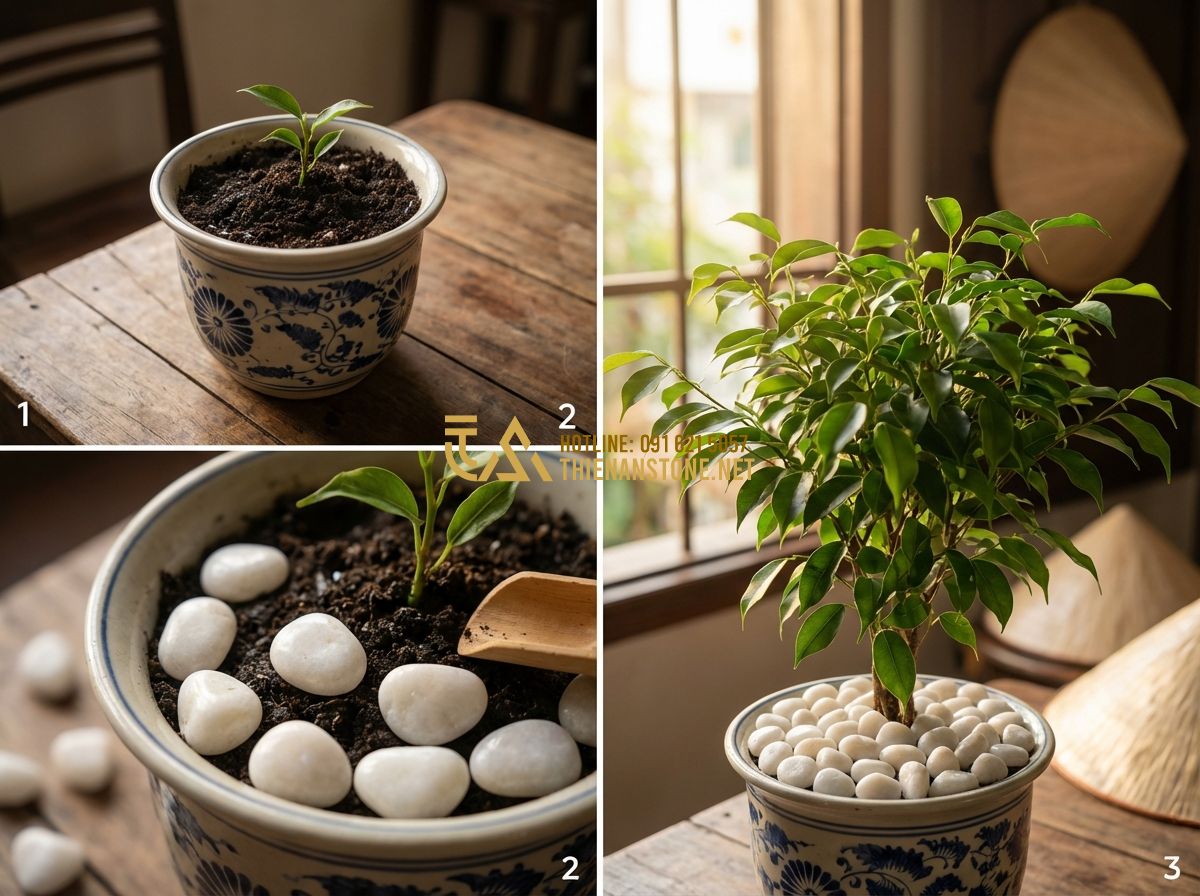Sỏi Trang Trí Chậu Cây Cảnh Và Gốc Cây: Bí Quyết Làm Đẹp Chuyên Nghiệp - Hình 6 Sỏi Trang Trí Chậu Cây Cảnh Và Gốc Cây: Bí Quyết Làm Đẹp Chuyên Nghiệp - Tạo ảnh tiếng Anh: Close-up of a high-quality Junper bonsai tree in a rustic han