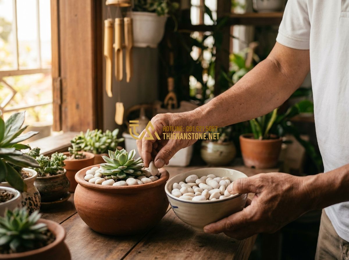 Sỏi Trang Trí Chậu Cây Cảnh Và Gốc Cây: Bí Quyết Làm Đẹp Chuyên Nghiệp - Hình 9 Sỏi Trang Trí Chậu Cây Cảnh Và Gốc Cây: Bí Quyết Làm Đẹp Chuyên Nghiệp - Tạo ảnh tiếng Anh: A professional warehouse and showroom of Thien An Stone. Larg