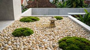 Sỏi Trang Trí Giá Bao Nhiêu? Bảng Giá Chi Tiết Từng Loại Phổ Biến - Tạo ảnh tiếng Anh: A beautiful garden path made of irregular slate stepping ston