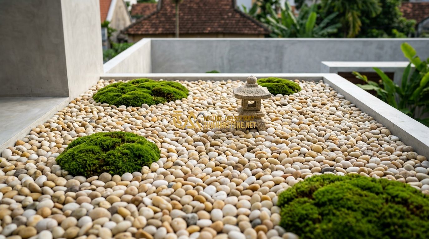 Sỏi Trang Trí Giá Bao Nhiêu? Bảng Giá Chi Tiết Từng Loại Phổ Biến - Tạo ảnh tiếng Anh: A professional high-angle shot of a minimalist Zen garden in