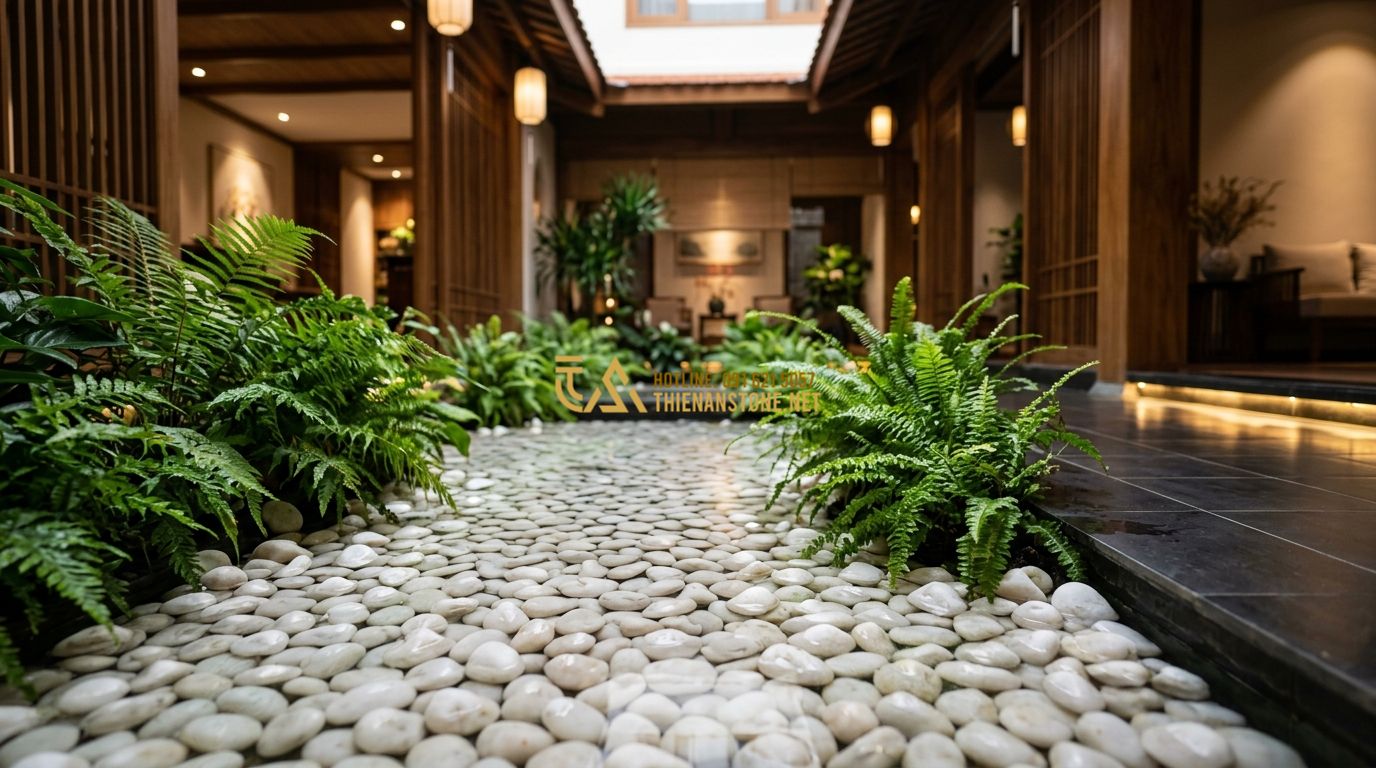Sỏi Trang Trí Giá Bao Nhiêu? Bảng Giá Chi Tiết Từng Loại Phổ Biến - Tạo ảnh tiếng Anh: A cozy indoor courtyard with a small water feature, where smo