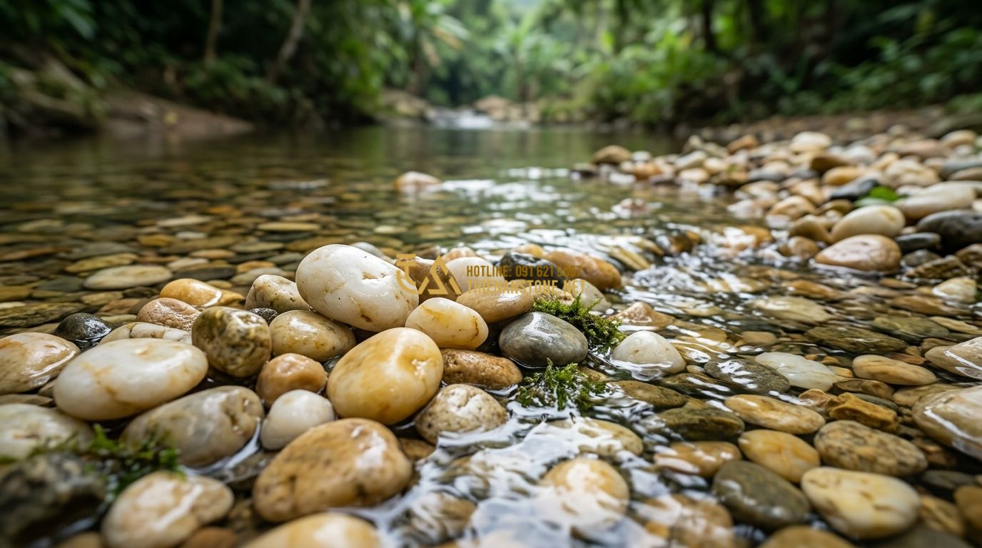 Sỏi Trang Trí Giá Bao Nhiêu? Bảng Giá Chi Tiết Từng Loại Phổ Biến - Tạo ảnh tiếng Anh: A close-up shot of wet river stones of various sizes and eart