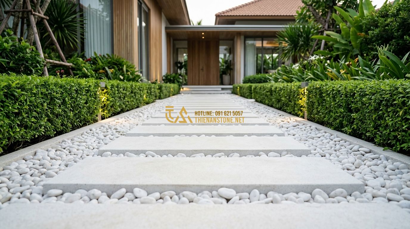 Sỏi Trang Trí Giá Bao Nhiêu? Bảng Giá Chi Tiết Từng Loại Phổ Biến - Tạo ảnh tiếng Anh: A stunning modern villa entrance featuring a pathway made of