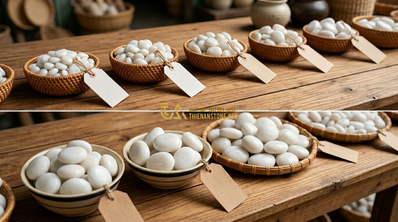Sỏi Trang Trí Giá Bao Nhiêu? Bảng Giá Chi Tiết Từng Loại Phổ Biến - Tạo ảnh tiếng Anh: A professional infographic or table layout on a wooden backgr