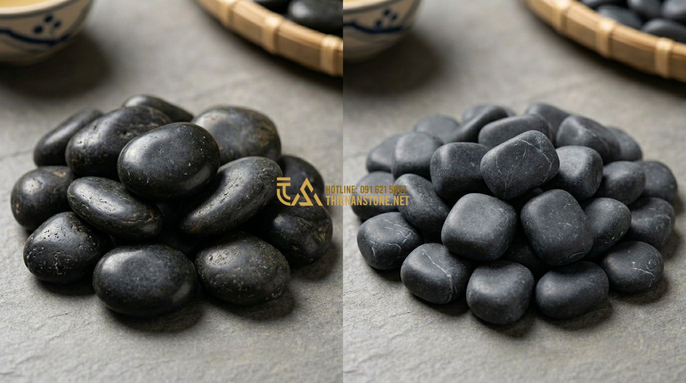 Sỏi Trang Trí Giá Bao Nhiêu? Bảng Giá Chi Tiết Từng Loại Phổ Biến - Tạo ảnh tiếng Anh: A comparison display of natural river stones and machine-tumb