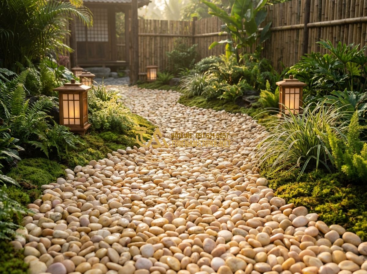 Sỏi Vàng Quay Rực Rỡ Ấn Tượng: Xu Hướng Trang Trí Sân Vườn 2024 - Tạo ảnh tiếng Anh: A cinematic, high-detail shot of a peaceful garden path cover