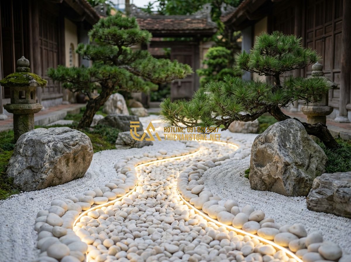 Sỏi Vàng Quay Rực Rỡ Ấn Tượng: Xu Hướng Trang Trí Sân Vườn 2024 - Tạo ảnh tiếng Anh: A sophisticated Japanese Zen garden design featuring a dry ri