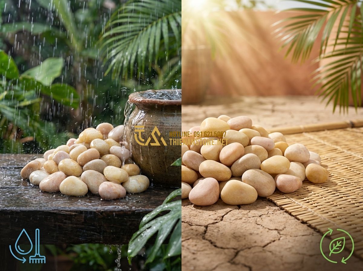 Sỏi Vàng Quay Rực Rỡ Ấn Tượng: Xu Hướng Trang Trí Sân Vườn 2024 - Tạo ảnh tiếng Anh: A professional infographic-style image showing the durability