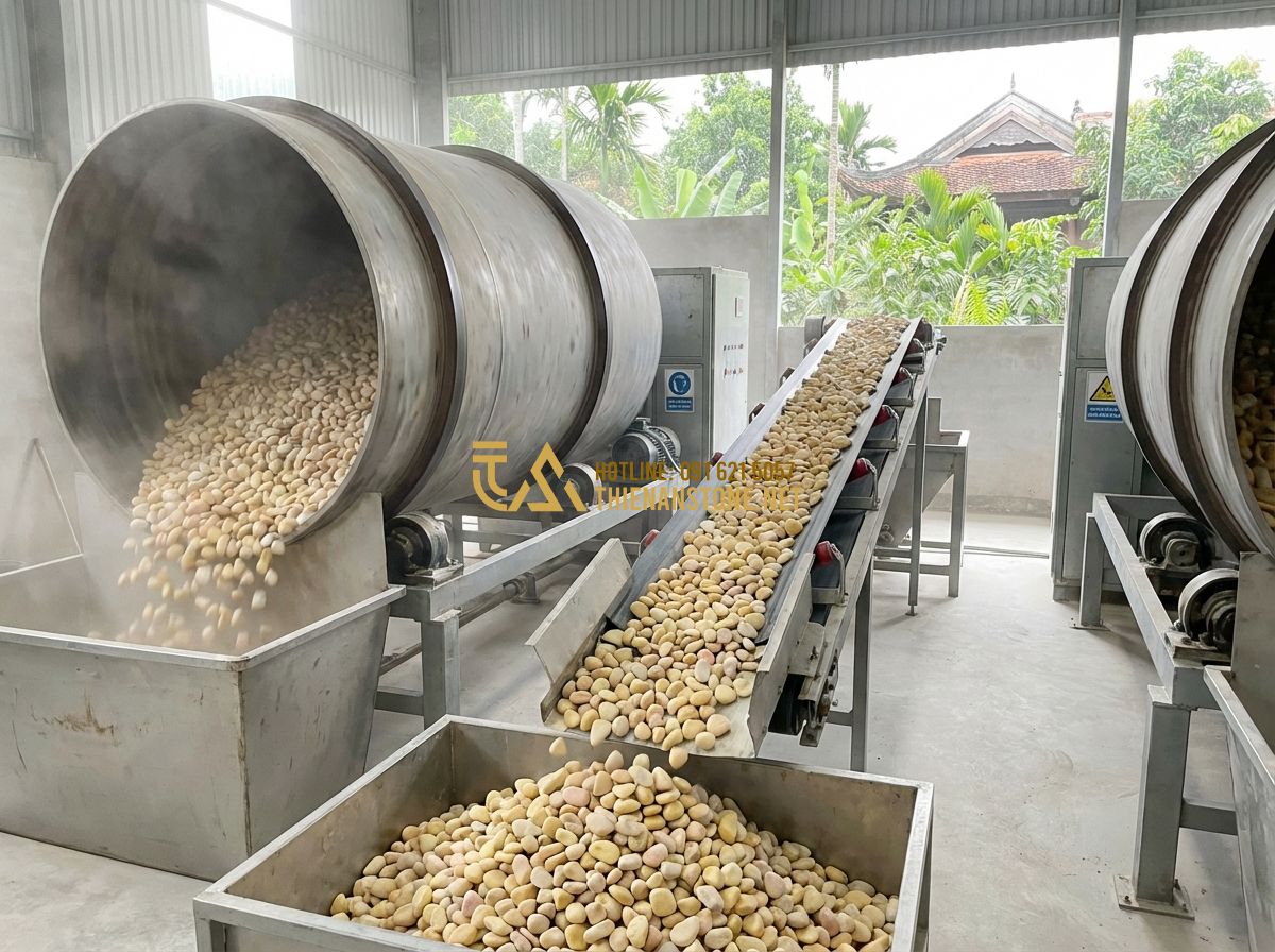 Sỏi Vàng Quay Rực Rỡ Ấn Tượng: Xu Hướng Trang Trí Sân Vườn 2024 - Tạo ảnh tiếng Anh: Inside a professional stone processing factory. Large industr