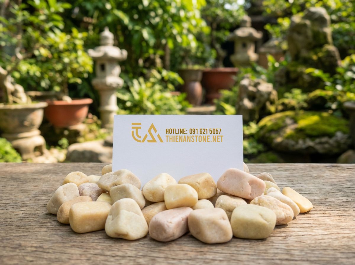 Sỏi Vàng Quay Rực Rỡ Ấn Tượng: Xu Hướng Trang Trí Sân Vườn 2024 - Tạo ảnh tiếng Anh: A professional business card style image for Thien An Stone.