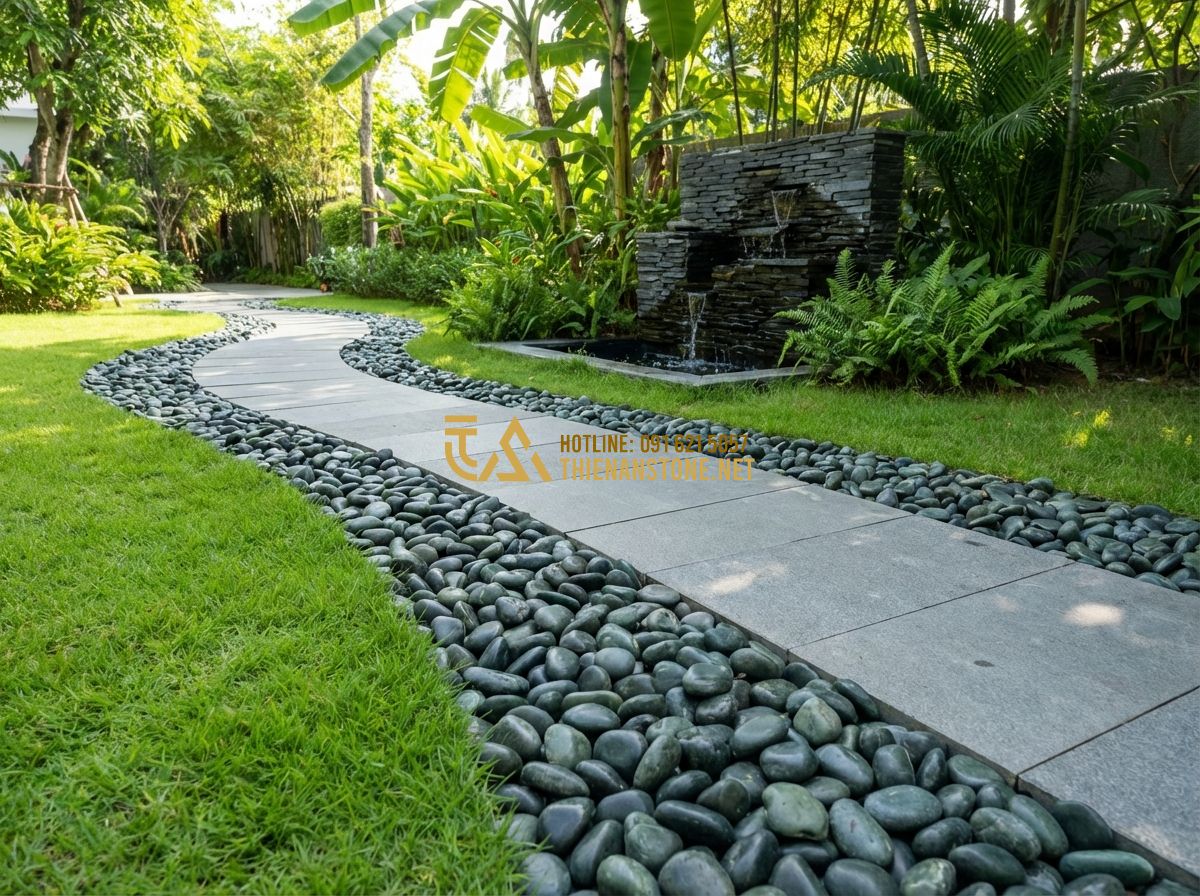 Sỏi Xanh Quay Tươi Mát Thiên Nhiên: Lựa Chọn Lý Tưởng Cho Hồ Cá & Tiểu Cảnh - A professional architectural photograph of a modern garden path. The path is lin