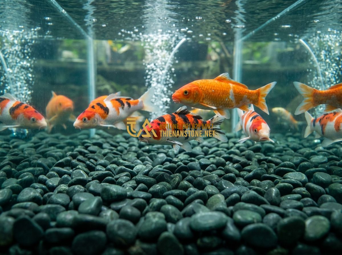 Sỏi Xanh Quay Tươi Mát Thiên Nhiên: Lựa Chọn Lý Tưởng Cho Hồ Cá & Tiểu Cảnh - An underwater view of a crystal-clear aquarium. The bottom is covered with a lay