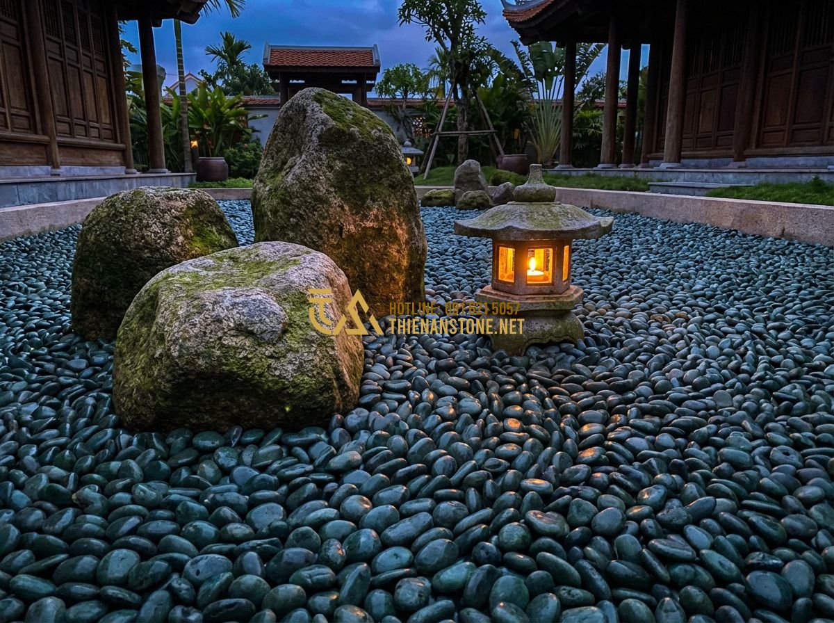 Sỏi Xanh Quay Tươi Mát Thiên Nhiên: Lựa Chọn Lý Tưởng Cho Hồ Cá & Tiểu Cảnh - A beautiful outdoor zen garden during twilight. There are large moss-covered roc