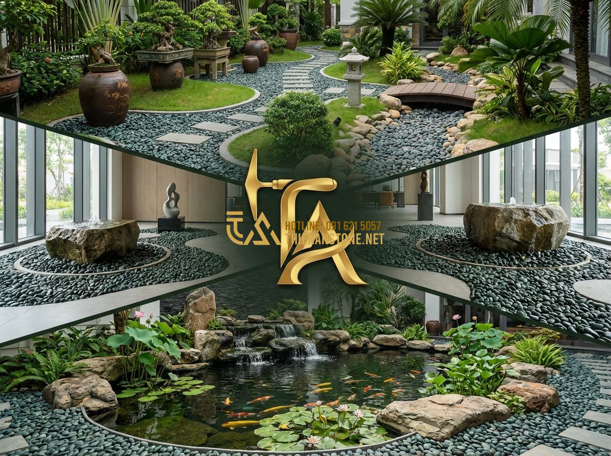 Sỏi Xanh Quay Tươi Mát Thiên Nhiên: Lựa Chọn Lý Tưởng Cho Hồ Cá & Tiểu Cảnh - A professional collage showcasing various successful projects by Thien An Stone.