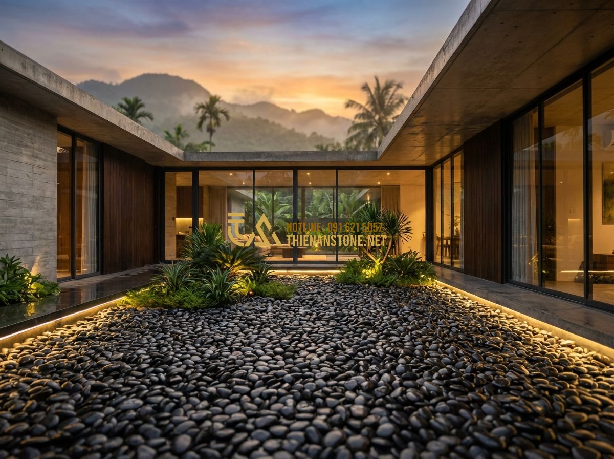 Sỏi Xanh Quay Tươi Mát Thiên Nhiên: Lựa Chọn Lý Tưởng Cho Hồ Cá & Tiểu Cảnh - A wide-angle, breathtaking shot of a modern minimalist house at sunset. The arch