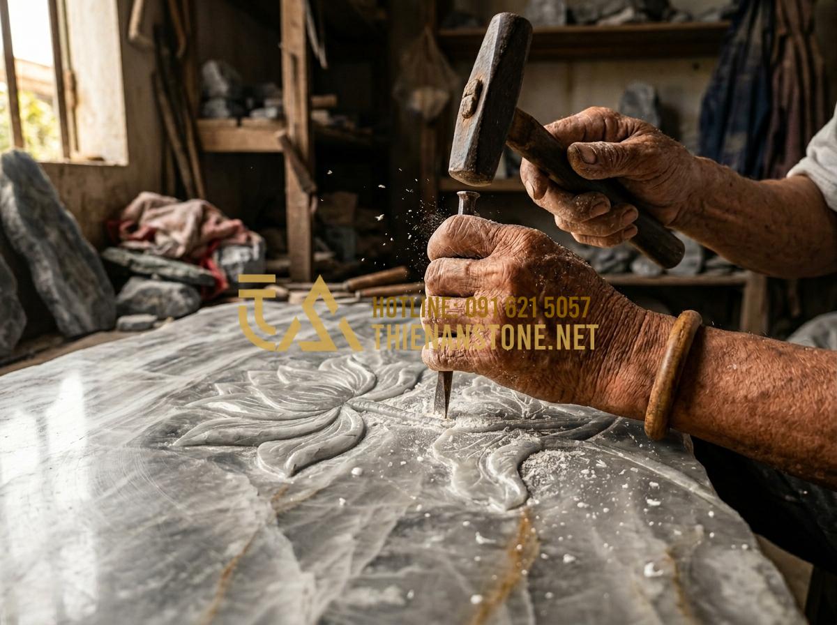 Sự khác biệt giữa phù điêu đá đúc máy CNC và chạm khắc thủ công - Tạo ảnh tiếng Anh: A high-detail, artistic close-up of an elderly Vietnamese art