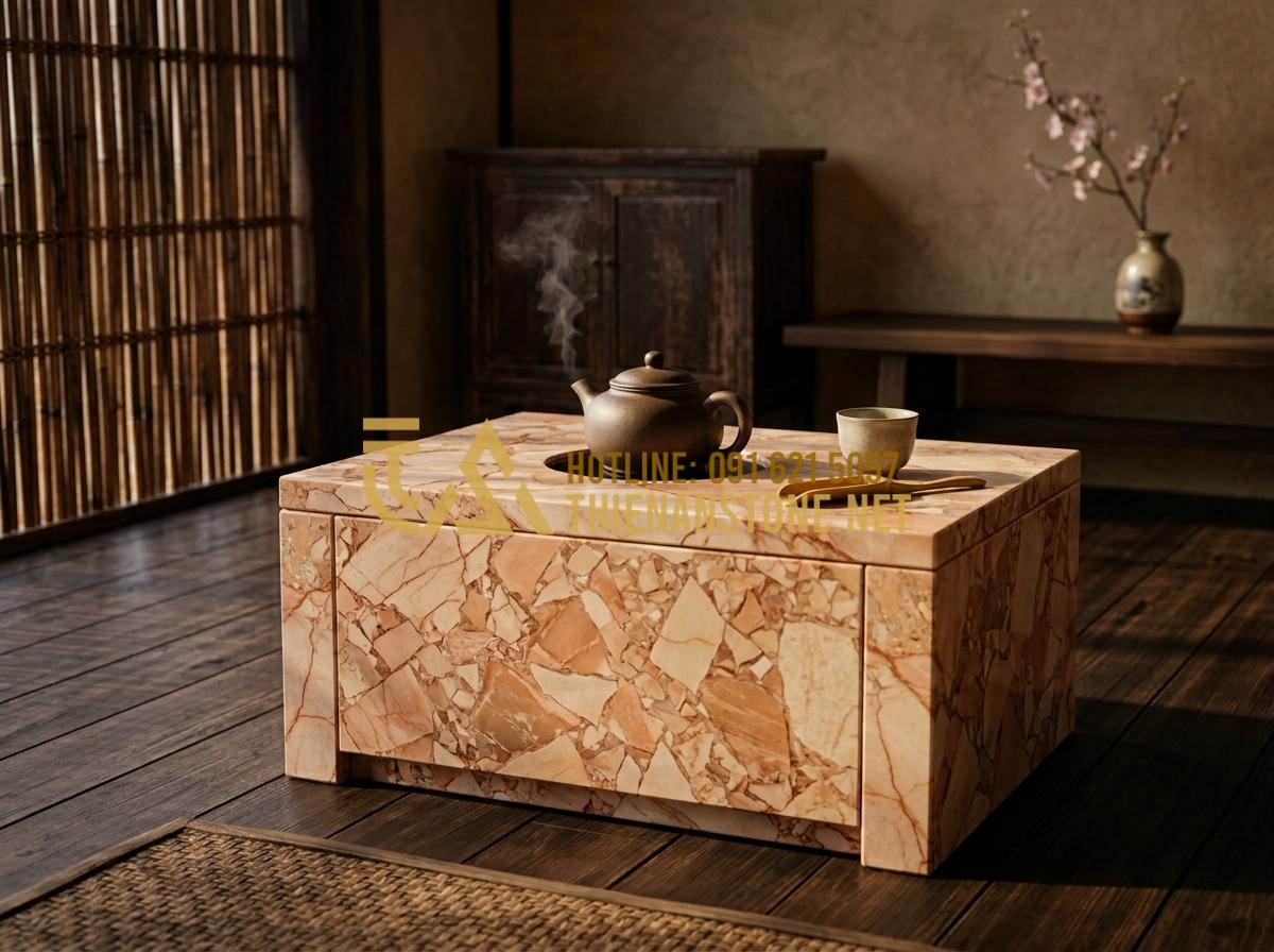 Tại sao bếp đá đun nước pha trà giúp giữ trọn hương vị trà đạo? - Professional photography of a Zen-style tea room with a stone infrared stove at